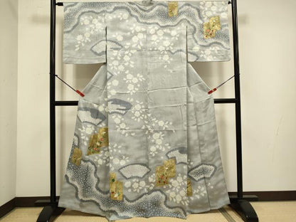 平和屋着物▽訪問着　単衣　駒刺繍　絞り　色紙重ね花文　金彩　正絹　逸品　DABH4639du