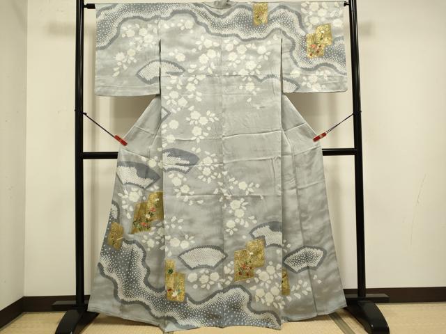 平和屋着物▽訪問着　単衣　駒刺繍　絞り　色紙重ね花文　金彩　正絹　逸品　DABH4639du