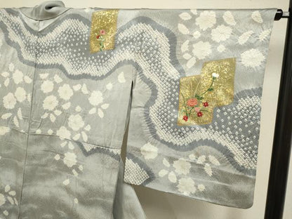 平和屋着物▽訪問着　単衣　駒刺繍　絞り　色紙重ね花文　金彩　正絹　逸品　DABH4639du