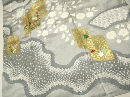 平和屋着物▽訪問着　単衣　駒刺繍　絞り　色紙重ね花文　金彩　正絹　逸品　DABH4639du