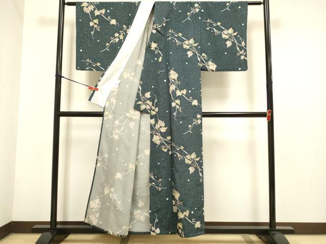 平和屋着物▽小紋　単衣　葡萄蔦の葉文　金彩　洗える着物　DABH4641du