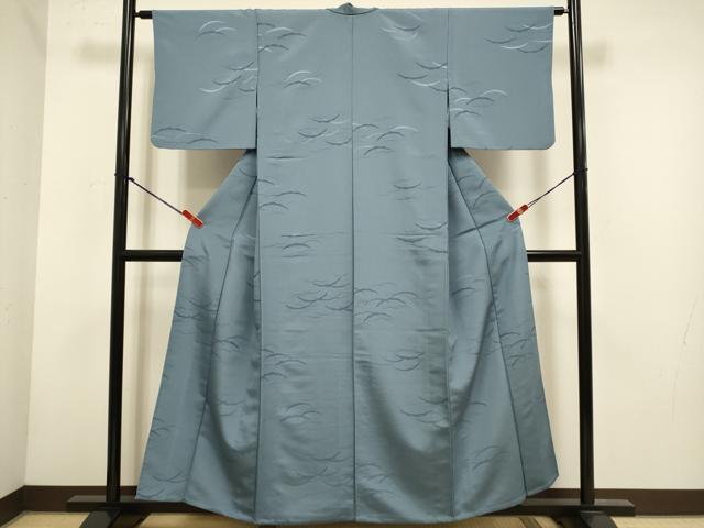 平和屋着物▽色無地　単衣　芝地紋　濃いスモークブルー色　洗える着物　DABH4647du