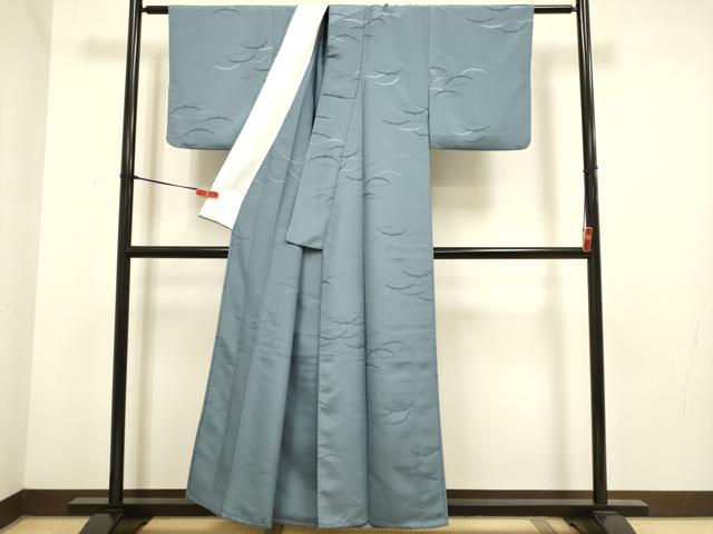平和屋着物▽色無地　単衣　芝地紋　濃いスモークブルー色　洗える着物　DABH4647du