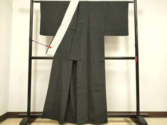 平和屋着物▽本塩沢　単衣　十字絣　黒地　正絹　逸品　DABH4651du