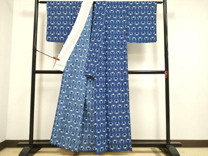 平和屋着物▽小紋　単衣　亀甲花文　洗える着物　DABH4677du
