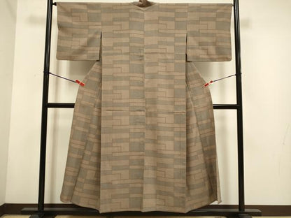 平和屋着物▽本塩沢　単衣　幾何学文様　正絹　逸品　DABH4681du