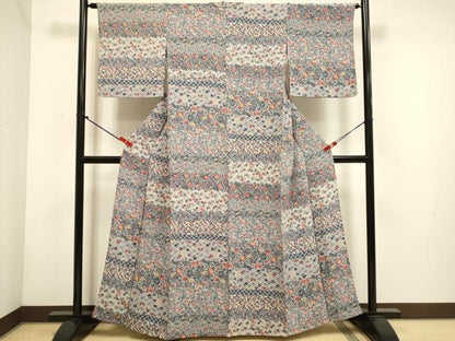 平和屋着物▽上質な小紋　単衣　型染　横段梅文　鬼しぼ縮緬　正絹　逸品　DABH4683du