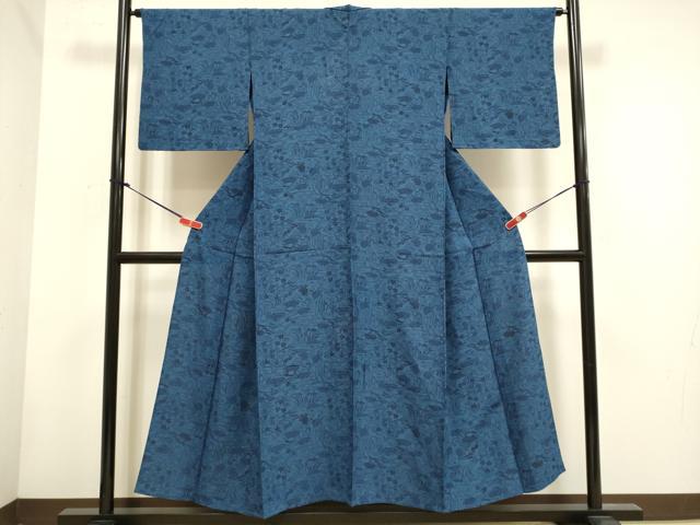 平和屋着物▽本場阿波藍染　角田智造　小紋　単衣　藍　型染　風景花文　正絹　逸品　DABH4694du