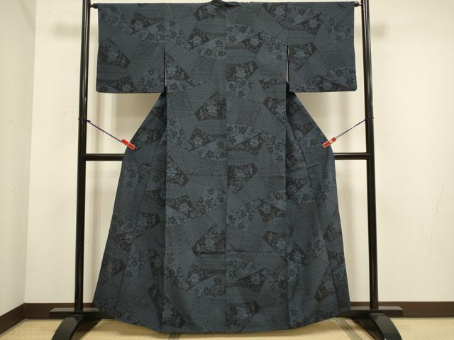 平和屋着物▽本塩沢　単衣　切嵌花文　正絹　逸品　DABH4696du