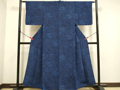 平和屋着物▽上質な小紋　単衣　藍　型染　風景花文　鬼しぼ縮緬　正絹　逸品　DABH4697du