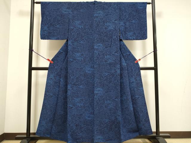 平和屋着物▽上質な小紋　単衣　藍　型染　風景花文　鬼しぼ縮緬　正絹　逸品　DABH4697du