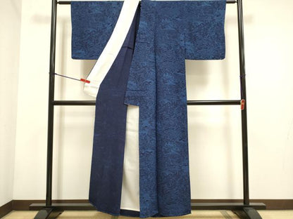 平和屋着物▽上質な小紋　単衣　藍　型染　風景花文　鬼しぼ縮緬　正絹　逸品　DABH4697du