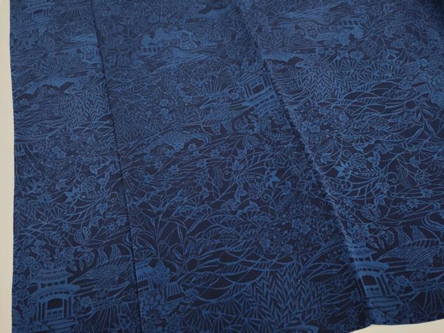 平和屋着物▽上質な小紋　単衣　藍　型染　風景花文　鬼しぼ縮緬　正絹　逸品　DABH4697du