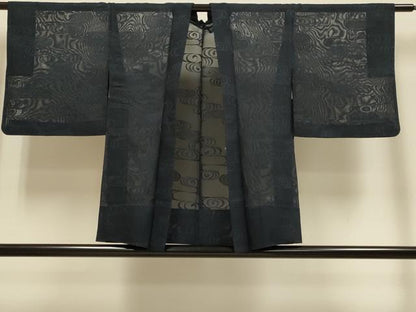 平和屋着物▽羽織　スリーシーズン　春夏秋　塵除け　流水文　濃い藍鉄色　正絹　逸品　DABH4698du