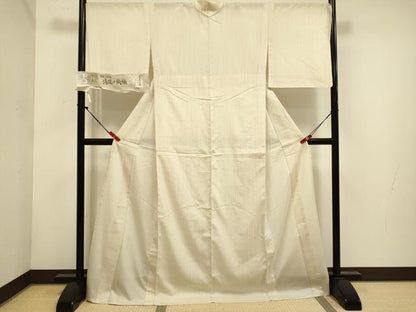 平和屋着物▽小千谷紬　単衣　湯揉み絹縮　縞　ロング丈　証紙付き　正絹　逸品　DABH4703du