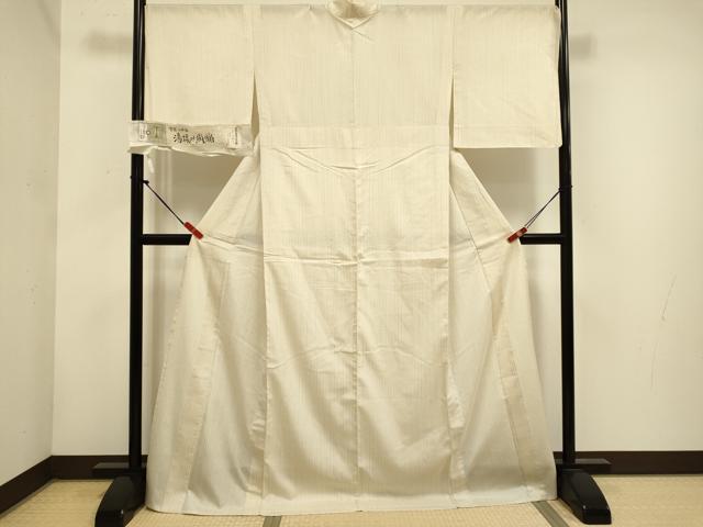 平和屋着物▽小千谷紬　単衣　湯揉み絹縮　縞　ロング丈　証紙付き　正絹　逸品　DABH4703du