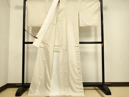 平和屋着物▽小千谷紬　単衣　湯揉み絹縮　縞　ロング丈　証紙付き　正絹　逸品　DABH4703du