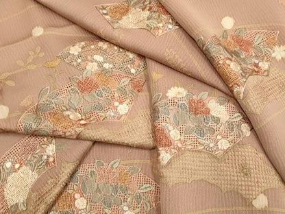 平和屋着物▽中国三大刺繍　スワトウ刺繍　汕頭刺繍　訪問着　単衣　地紙花文　正絹　逸品　DABH4711du