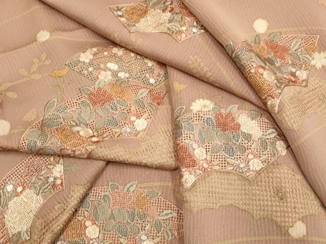 平和屋着物▽中国三大刺繍　スワトウ刺繍　汕頭刺繍　訪問着　単衣　地紙花文　正絹　逸品　DABH4711du