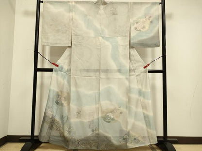 平和屋着物▽訪問着　無双　紗袷　紗×紗　草花文　暈し染め　金彩　正絹　逸品　DABH4717du