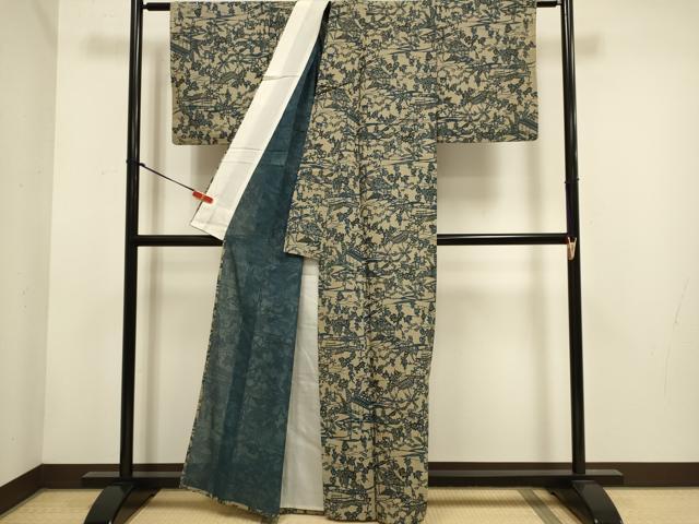 平和屋着物▽本場阿波藍染　角田智造　紬　単衣　藍　型染　人物風景文　正絹　逸品　DABH4738du