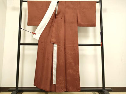 平和屋着物▽上質な色無地　単衣　草花地紋　茶色　正絹　逸品　DABH4743du