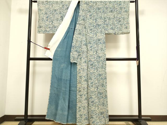 平和屋着物▽上質な小紋　単衣　藍　型染　草花文　正絹　逸品　DABH4749du
