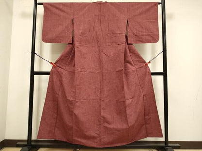 平和屋着物▽上質な紬　単衣　小豆色　正絹　逸品　DABH4754du