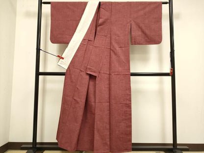 平和屋着物▽上質な紬　単衣　小豆色　正絹　逸品　DABH4754du