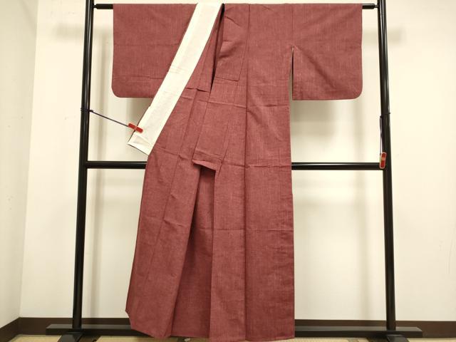 平和屋着物▽上質な紬　単衣　小豆色　正絹　逸品　DABH4754du