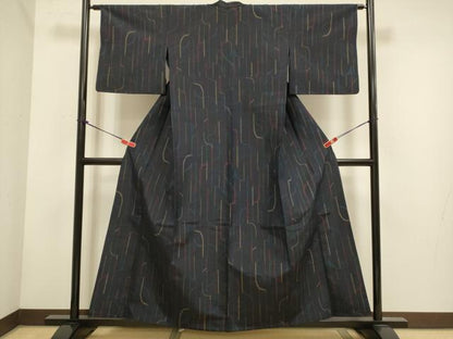 平和屋着物▽上質な紬　単衣　幾何学文様　正絹　逸品　DABH4755du