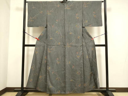 平和屋着物▽上質な小紋　単衣　紬地　枝花文　正絹　逸品　DABH4758du