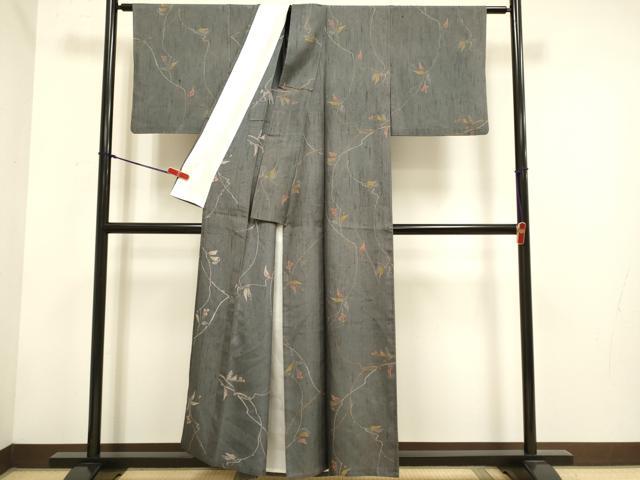 平和屋着物▽上質な小紋　単衣　紬地　枝花文　正絹　逸品　DABH4758du