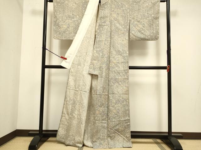 平和屋着物▽上質な紬　単衣　洋花文　正絹　逸品　DABH4759du