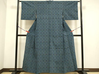 平和屋着物▽本塩沢　単衣　花菱文　正絹　逸品　DABH4762du