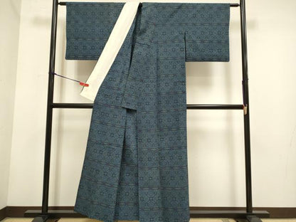 平和屋着物▽本塩沢　単衣　花菱文　正絹　逸品　DABH4762du
