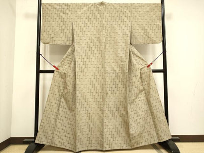 平和屋着物▽上質な紬　単衣　幾何学文様　正絹　逸品　DABH4766du