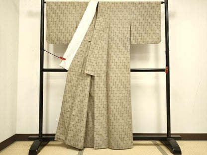 平和屋着物▽上質な紬　単衣　幾何学文様　正絹　逸品　DABH4766du