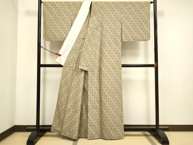 平和屋着物▽上質な紬　単衣　幾何学文様　正絹　逸品　DABH4766du