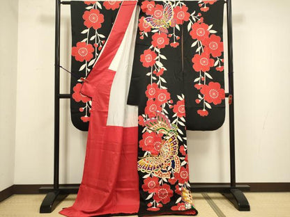 平和屋本店●お引きずり・お引き摺り・引き振袖　和装　結婚式　舞妓　芸妓　芸者　衣装　駒刺繍　枝垂れ桜舞蝶文　黒地　逸品　DABH4771du