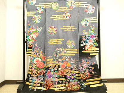 平和屋本店●本手描友禅作家 秋山章 お引きずり・引き振袖 和装 結婚式 舞妓 芸妓 芸者 衣装 花車文 暈し染め 金彩 逸品 DABH4779du