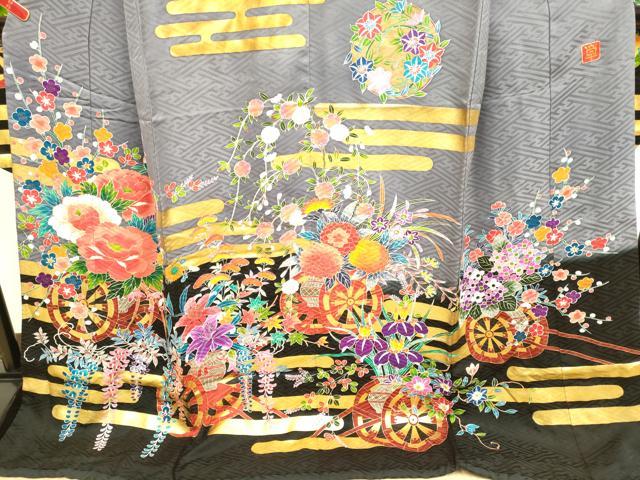 平和屋本店●本手描友禅作家 秋山章 お引きずり・引き振袖 和装 結婚式 舞妓 芸妓 芸者 衣装 花車文 暈し染め 金彩 逸品 DABH4779du