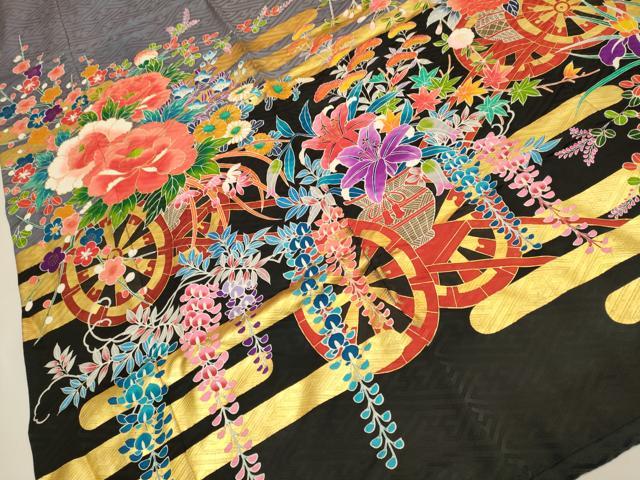 平和屋本店●本手描友禅作家 秋山章 お引きずり・引き振袖 和装 結婚式 舞妓 芸妓 芸者 衣装 花車文 暈し染め 金彩 逸品 DABH4779du