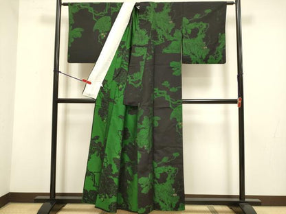 平和屋着物▽上質な紬　単衣　葡萄蔦の葉文　金糸　正絹　逸品　DABH4803du