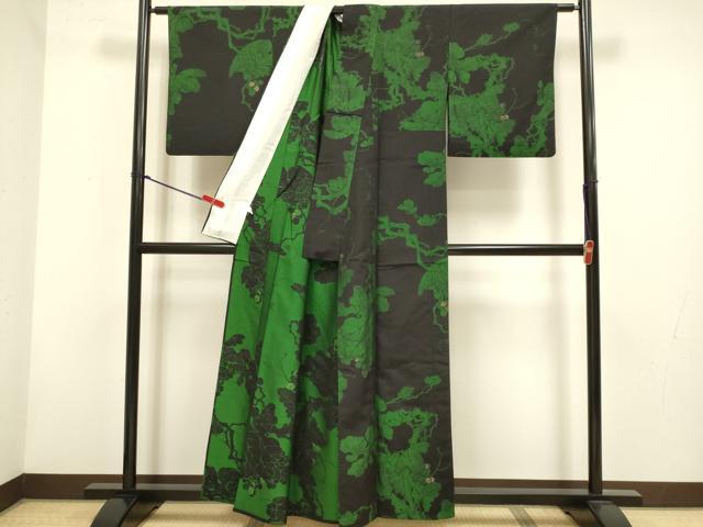 平和屋着物▽上質な紬　単衣　葡萄蔦の葉文　金糸　正絹　逸品　DABH4803du