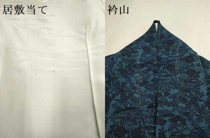平和屋着物▽上質な小紋　単衣　藍　型染　流水風景花文　鬼しぼ縮緬　正絹　逸品　DABH4811du