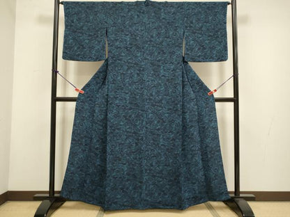 平和屋着物▽上質な小紋　単衣　藍　型染　流水風景花文　鬼しぼ縮緬　正絹　逸品　DABH4811du