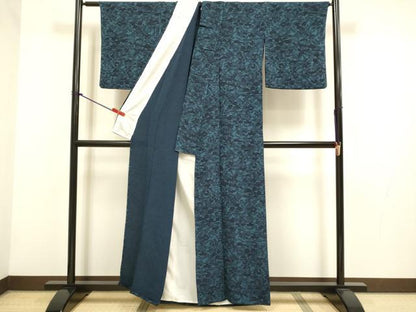 平和屋着物▽上質な小紋　単衣　藍　型染　流水風景花文　鬼しぼ縮緬　正絹　逸品　DABH4811du
