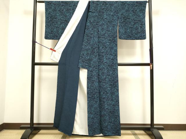 平和屋着物▽上質な小紋　単衣　藍　型染　流水風景花文　鬼しぼ縮緬　正絹　逸品　DABH4811du