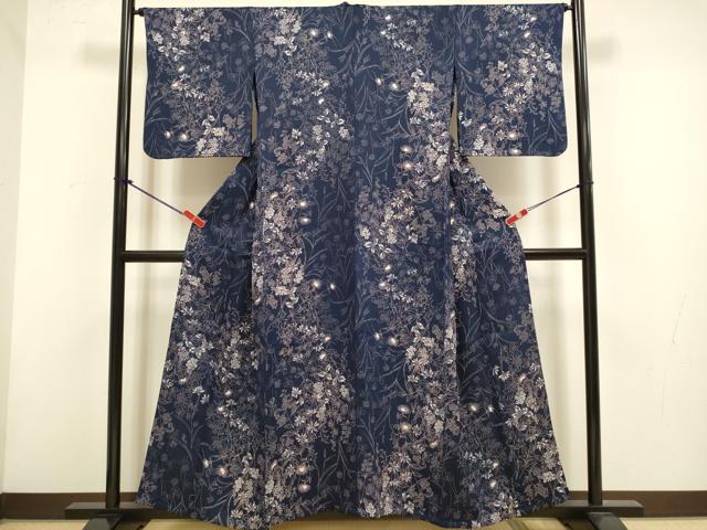 平和屋着物▽上質な小紋　単衣　草花文　正絹　逸品　DABH4812du